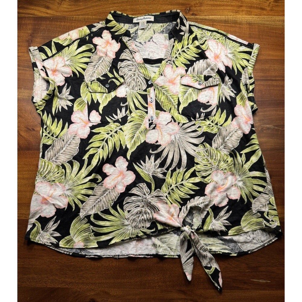 Tommy Bahama L Linen Floral Womens Front Tie Short Sleeve Popover Shirt Top